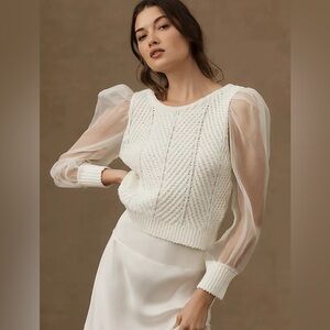 Sheer-Sleeve Ivory Crewneck Knit Sweater